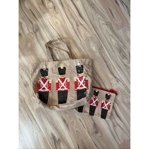 Olive & Hill Womens Nutcracker Soldier Sequin Burlap Tote and Lined Pouch Bag